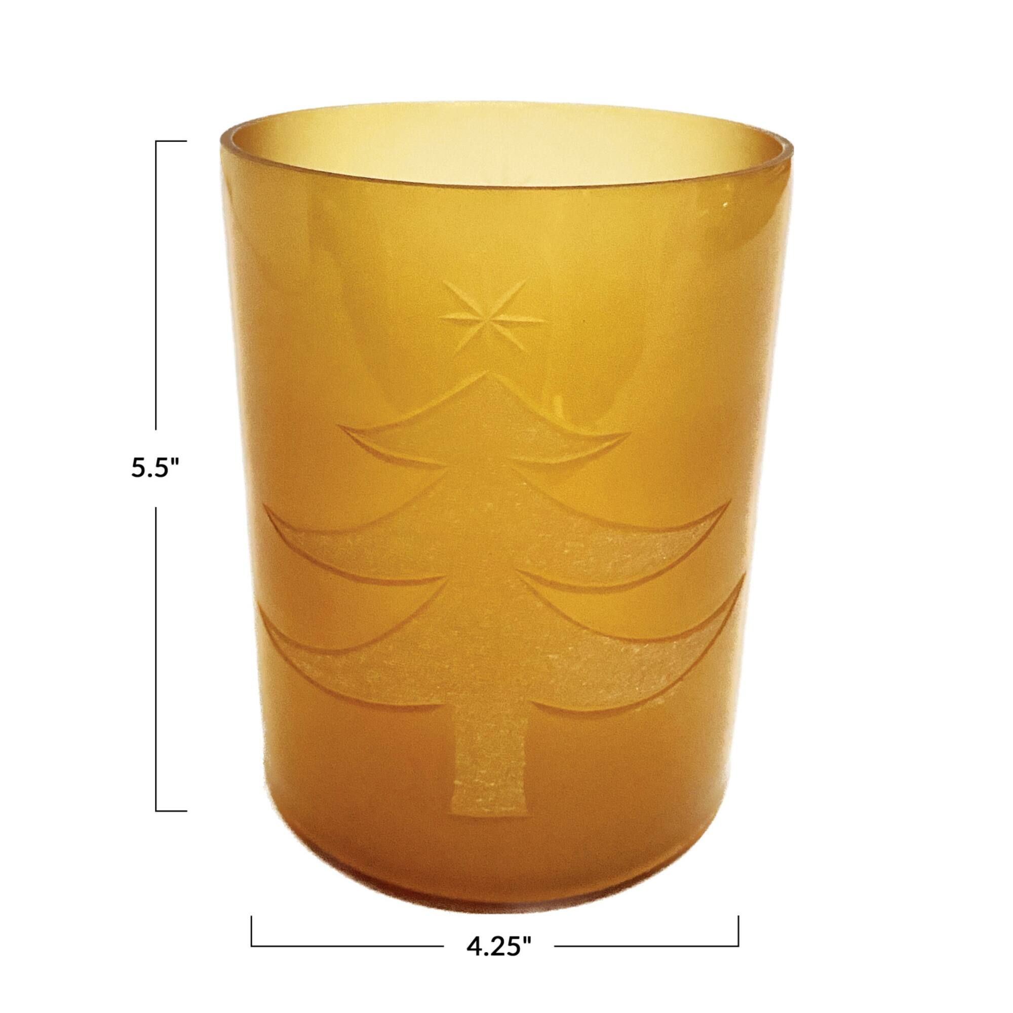4.3" x 5.3" Apricot Glass Votive Candleholder with Etched Christmas Tree